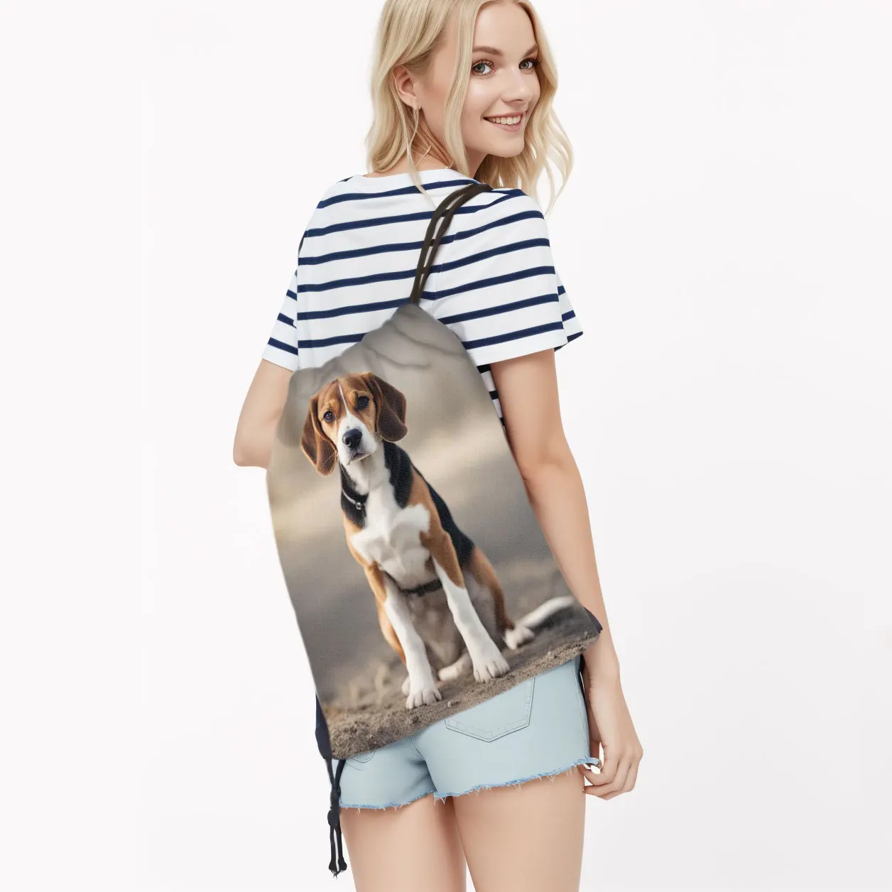 Bonito Beagle Print Drawstring Bag, Dachshund Puppy Women Mochila para Viagem, Saco de armazenamento portátil, Saco de livro