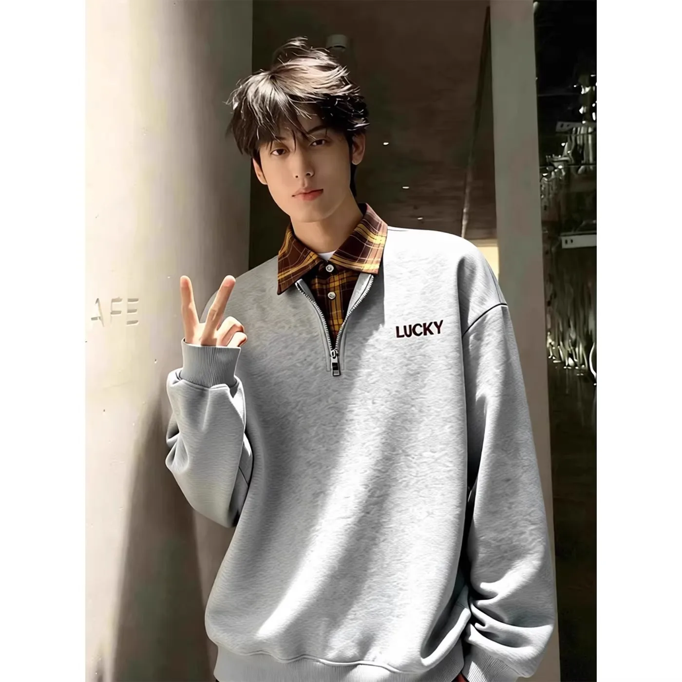 

American Sle f Zip irt Sweatirt Men's Long Sve Plaid Patchwork T-irt Inner Wear Base irt Spring Season