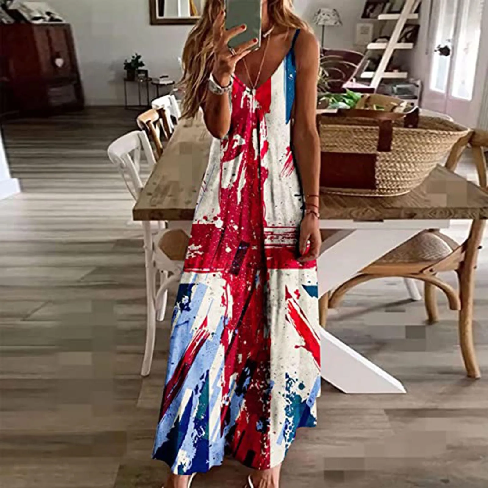 Independence Day Women's Spaghetti Strap Sundress Summer Casaul Print Beach Long Dress Retro Sleeveless Loose A-Line Vestidos