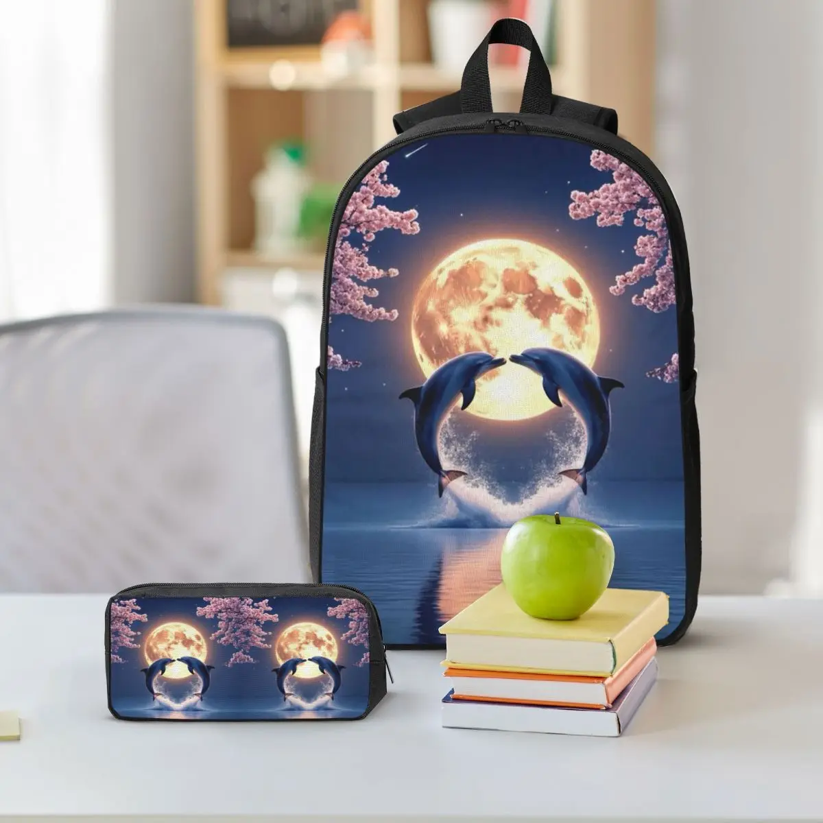 Two Charming Dolphin In Sea Backpack Student BookBag School Bag Shoulder Bags 3ps Insulated Lunch Bag Pencil Case