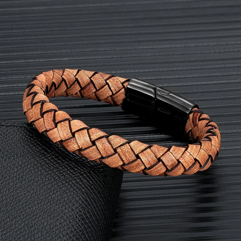 MKENDN Punk Men Retro Genuine Braided Brown Leather Bracelet Stainless Steel Magnet Buckle Handmade Jewelry Homme Pulseras