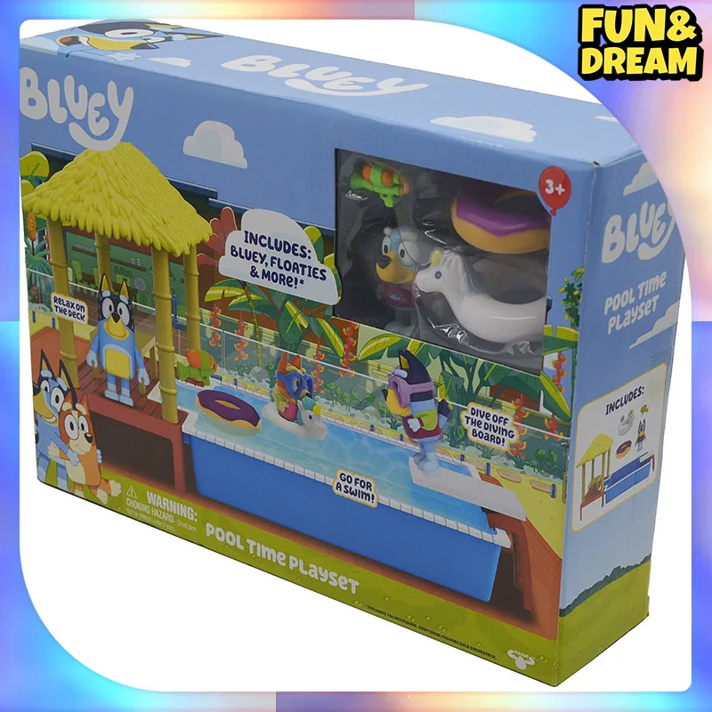 Oryginalne Bluey Pool Scene Dolls Beach Splash House Playset Beach Cottage Set Pełny zestaw lalek Beach Resort Prezent urodzinowy