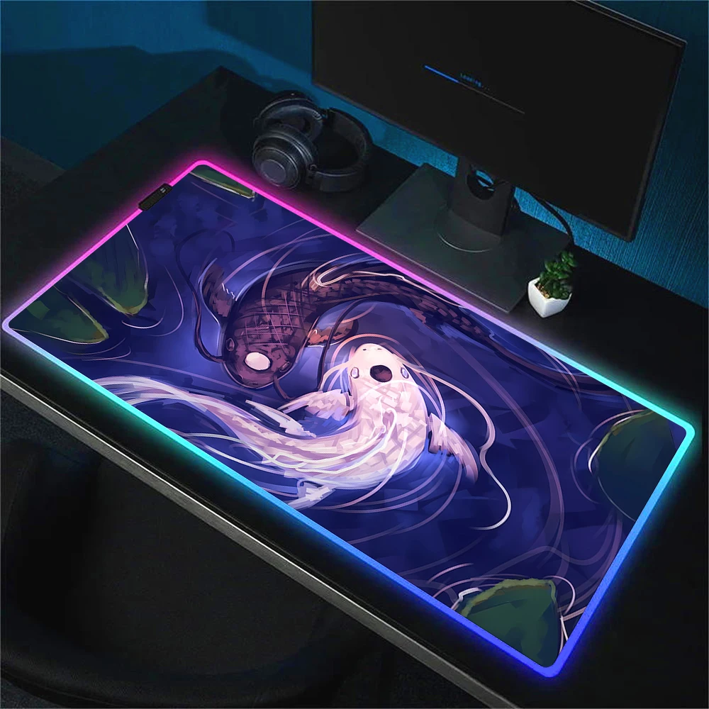 grande rgb koi fish art mouse pad tapete de rato led yin yang gamer mousepad tapete de mesa de teclado 30x70 xxl gaming mousepad com retroiluminado 01