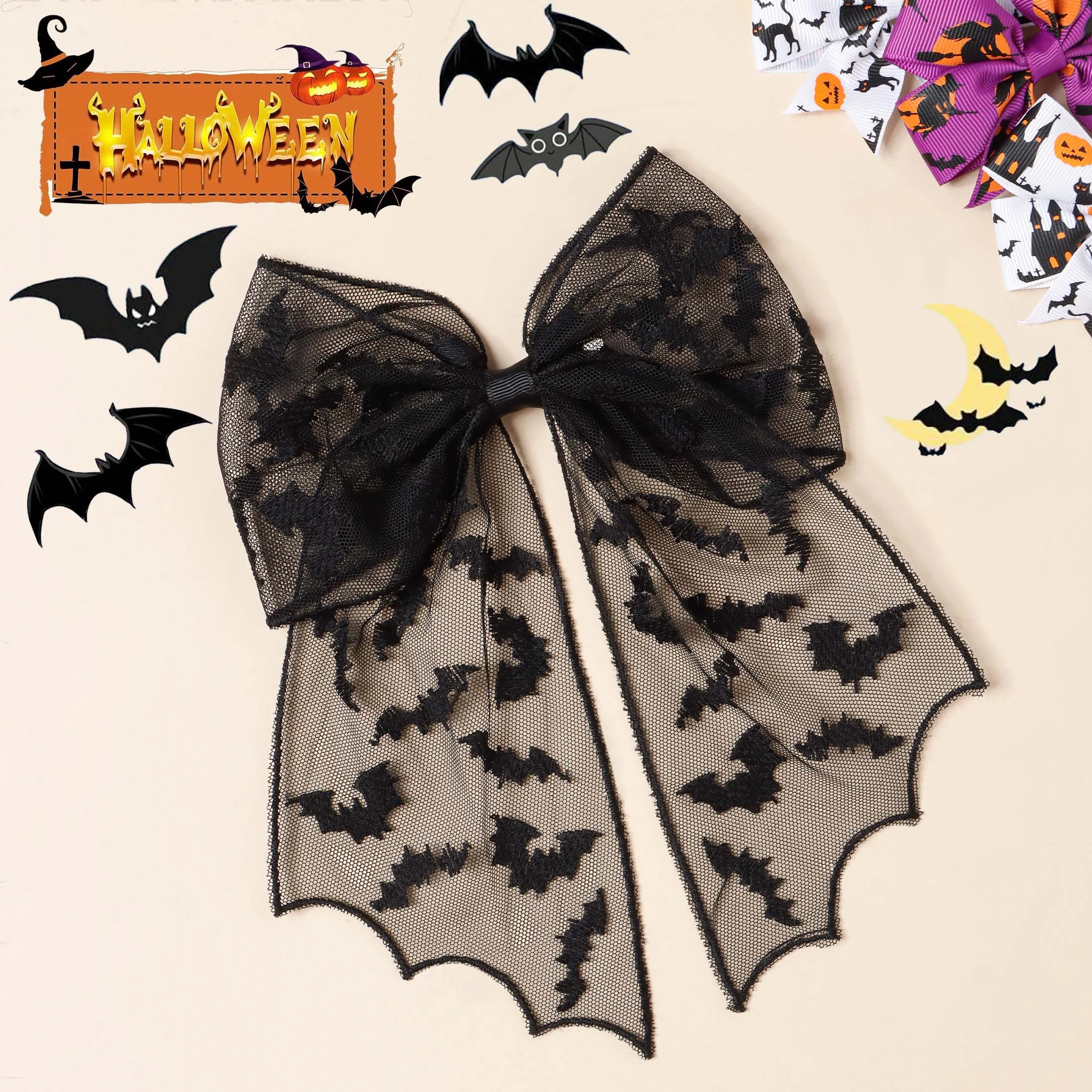 Girl Halloween Decor Fashion Hair Accessory Bat Embroidery Black Lace Large Bow Barrettes For Teenage Kid Party Wear Hairpin
