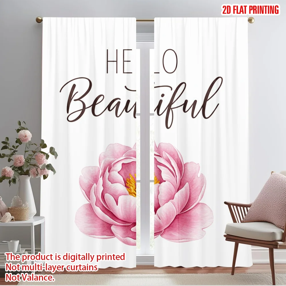 

2pcs 2D flat printing Window Curtains Hello Beautiful Floral Fabric Without Electricity Birthday Party Perfect for Holiday