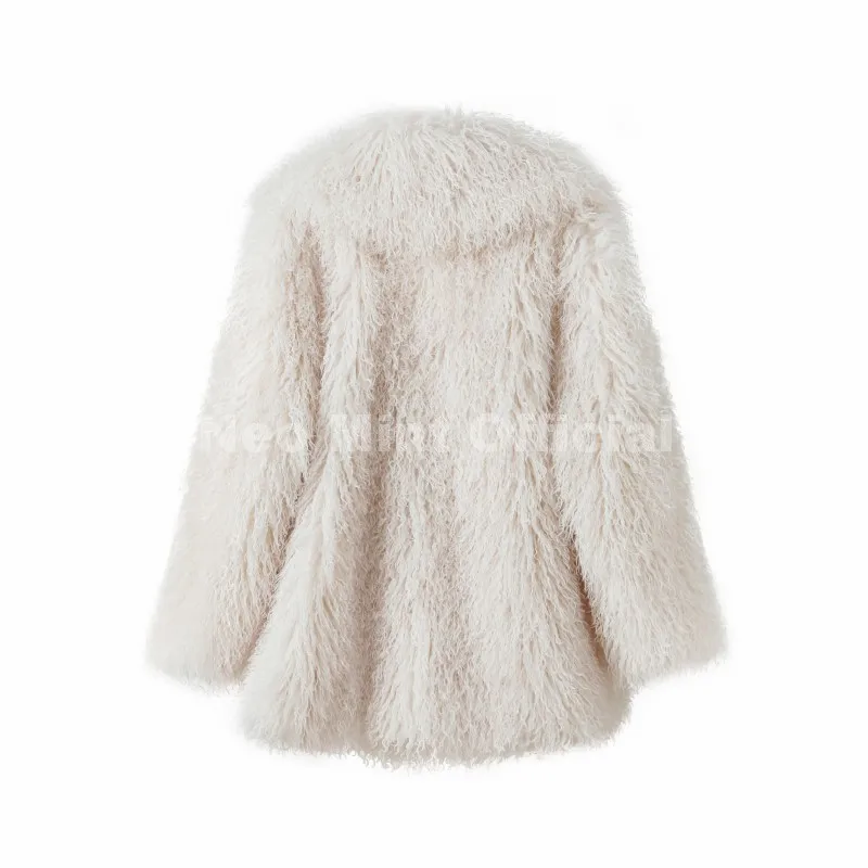 Neo Mint Winter 2025 Trend Burgundy Obsession Long Faux Mongolia Sheep Fur Jacket Coat Women Chic Lapel Collar Fluffy Overcoat