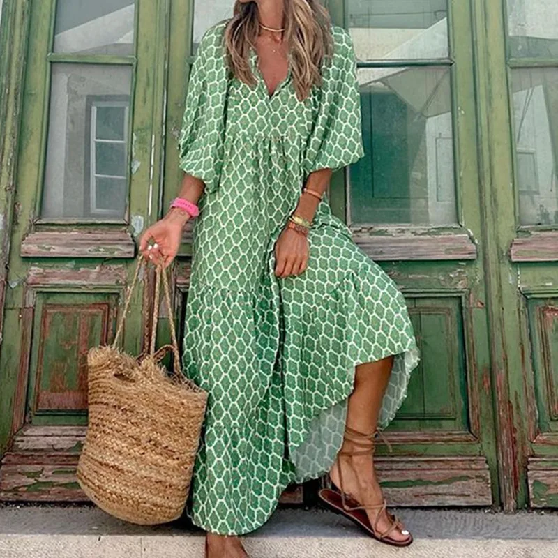 

Loose Casual Boho Print Dress Fpr Women Elegant V Neck Half Sleeve Big Hem Long Dresses 2024 Summer Fashion New Lady Robe