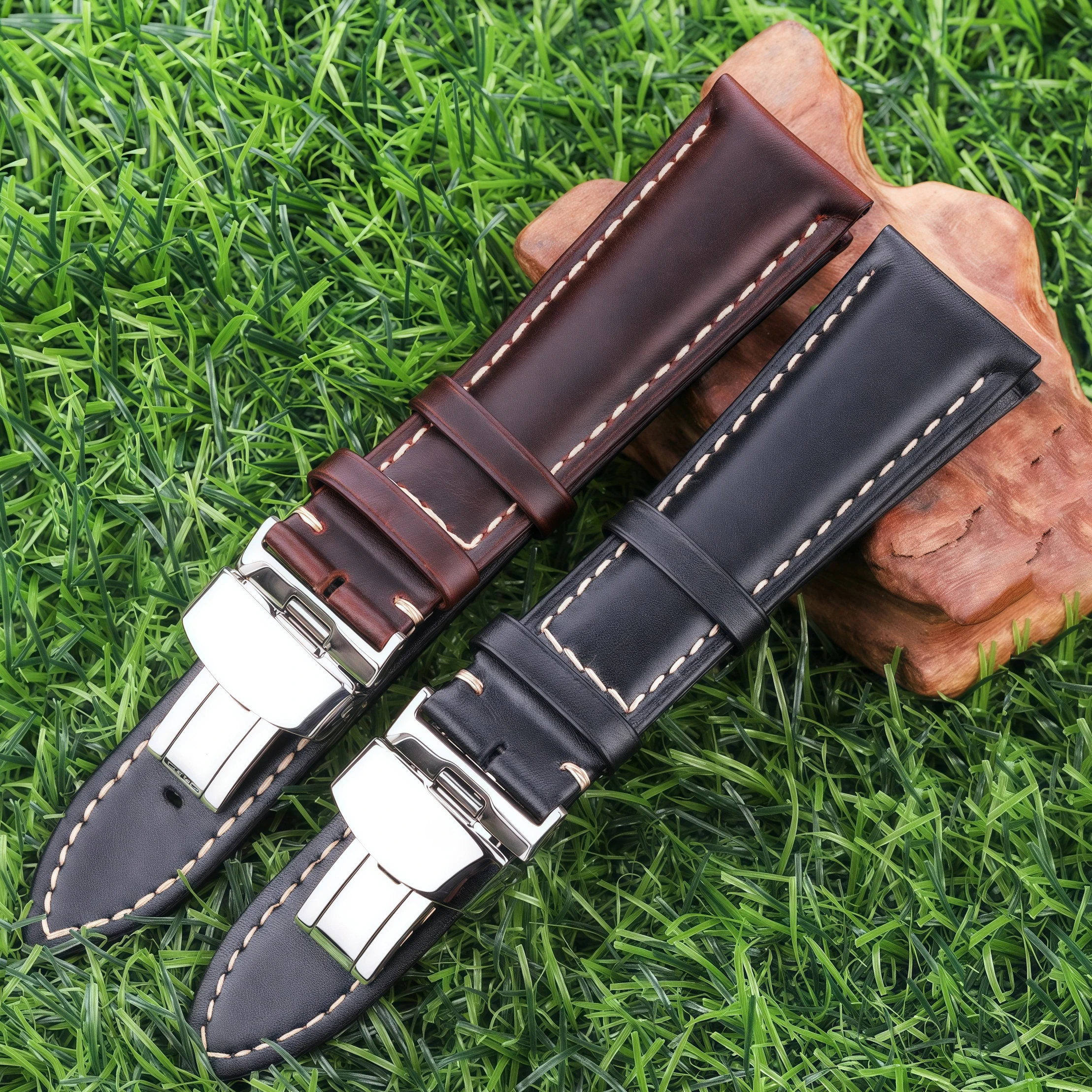 Oil Waxed Crazy Horse Leather Watchband Stainless Steel Deployment Butterfly Buckle Quick Release Pins 18-24mm Retro Watch Strap