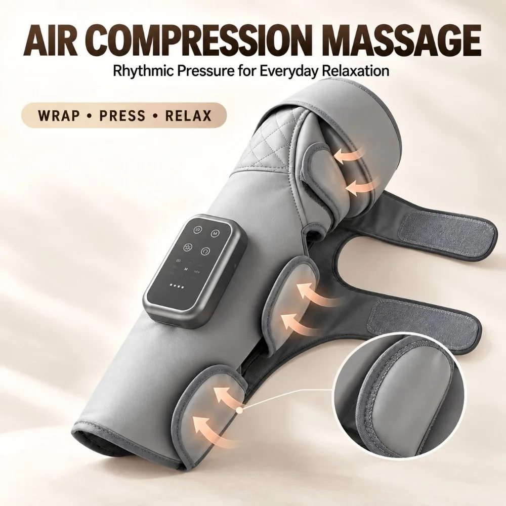 Air Compression Leg Massager, Heated Knee and Calf Massager, Wireless 360° Wrap, 3 Intensities for Home Office Leg Relaxation