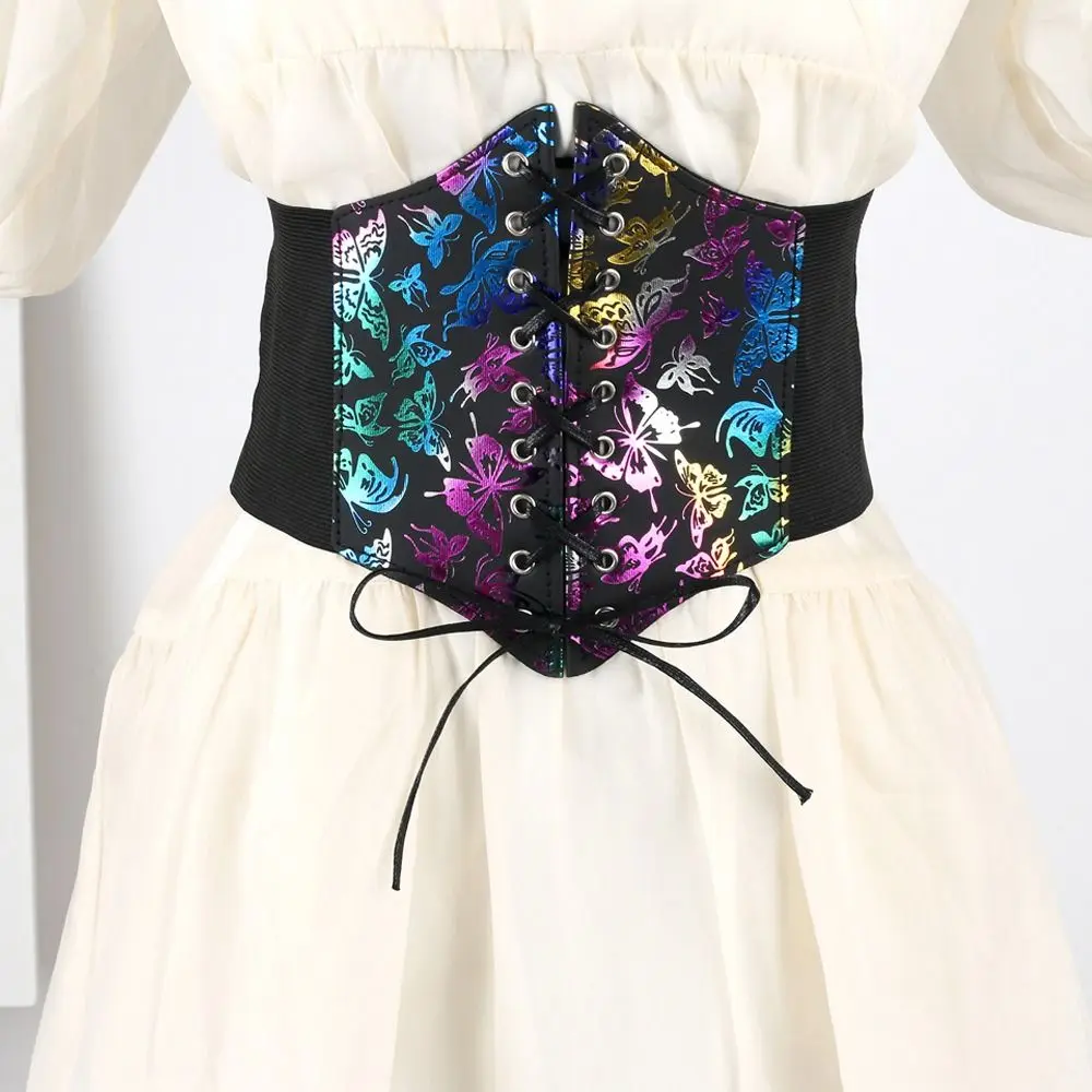 Gothic Butterfly Elastic Cummerbunds Printing Star Wide Belt PU Leather Slimming Waist Corset Outfits