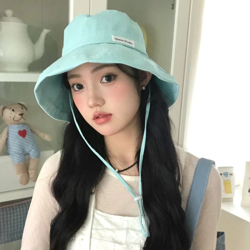 Ins Fresh Striped Strap Bucket Hat Spring and Summer New Korean Sweet Versatile Cute Candy Color College Style Women\'s Caps