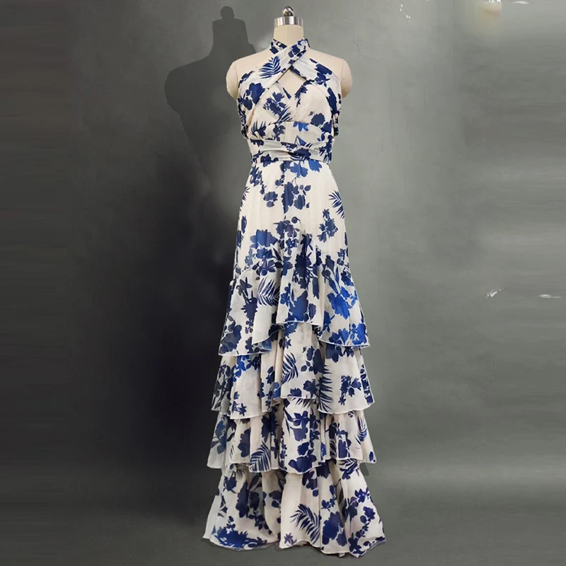 2024 Sexy Halter Blue Floral Print Party Dress Fashion Hollow Sleeveless Beach Long Dress Women Elegant Ruffled Bohemian Dresses