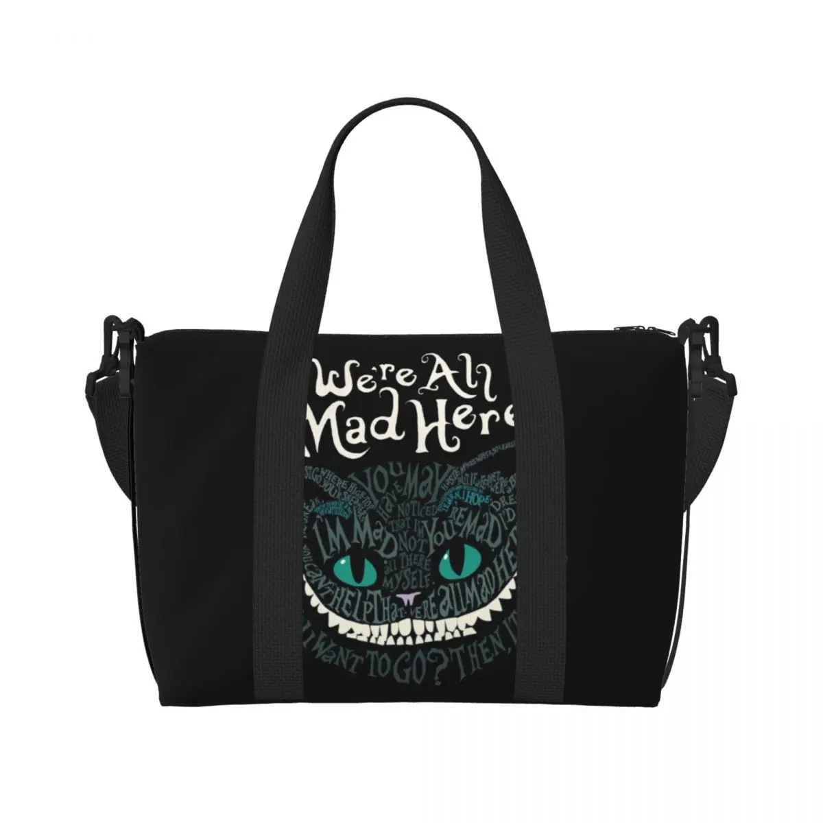 Custom Cheshire Cat Groceries Shopping Tote Bags Women Large Capacity Alice We\'re All Mad Here Wonderland Beach Gym Travel Bags