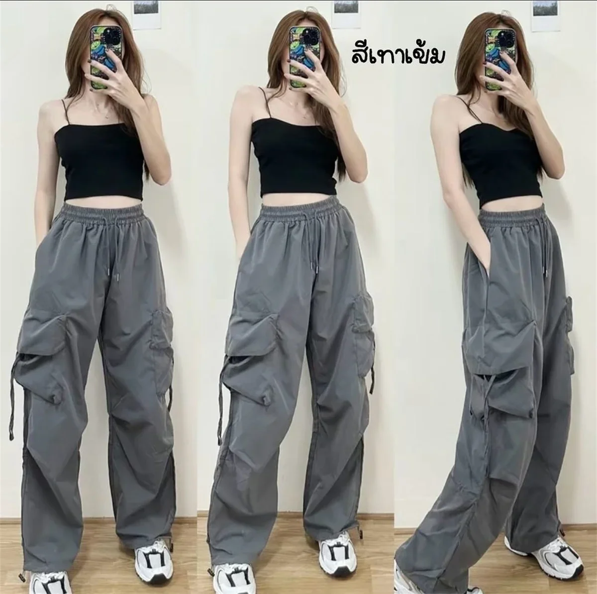 SweatPants Damen Vintage Cargo-Hosen Mode Elastischer Bund Retro Oversized Einfarbige Weite Hosen Lässige Streetwear Baggy-Hosen – Detail 15