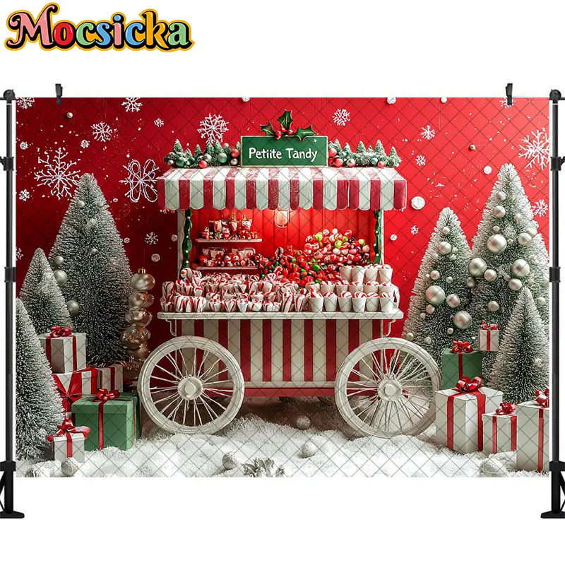 Mocsicka fondo de fotografía, carrito de tienda de dulces, árbol de Navidad, decoración de vacaciones, fondos de fotos para niños, accesorios de estudio