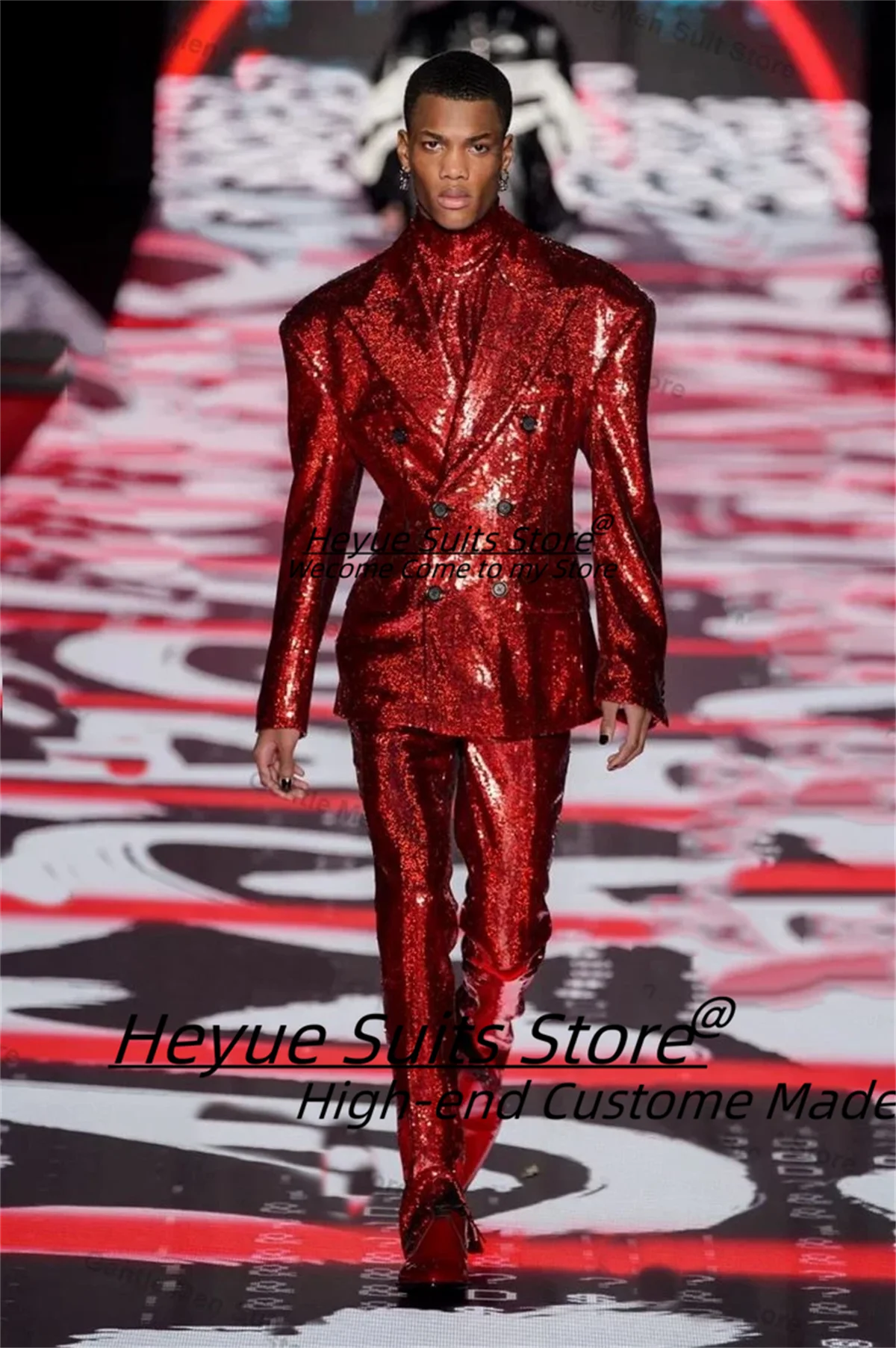 

Handsome Shiny Red Sequi Groom Wedding Tuxedos Customized Slim Fit Double Breasted Men Suits 2 Pieces Sets Male Party Blazers