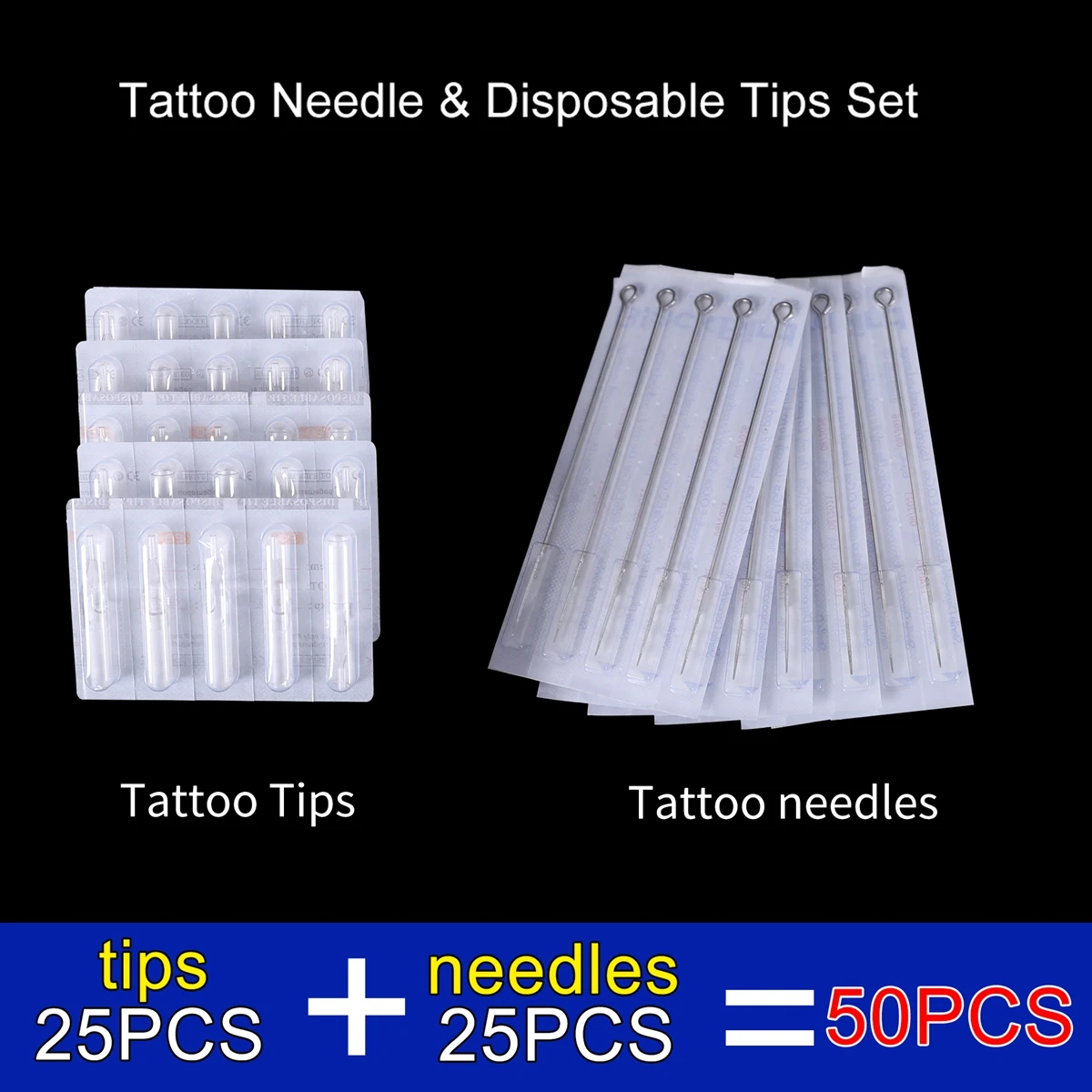 

Tattoo needle mixed size 25pcs RL tattoo needle + 25pcs RT tattoo needle mouth tip Sterilized Disposable supplies permanent mak