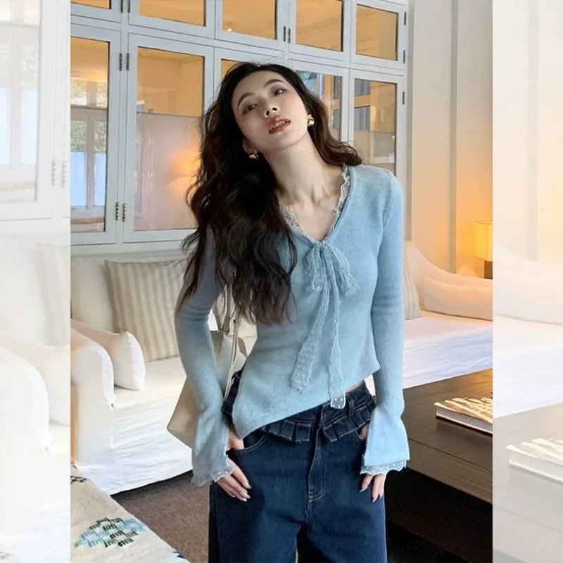 

Women Clothes Spring Autumn Fashion Casual Lace Solid Color V-neck Ladies Knitting Irregular Appear Thin Versatile Long Sleeve T