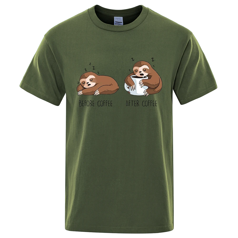 Cute Lazy Sloth Coffee Cartoons Printed T Shirt for Men Women Cotton Top Tee Shirts Casual Short Sleeve T-shirts Funny Clothes