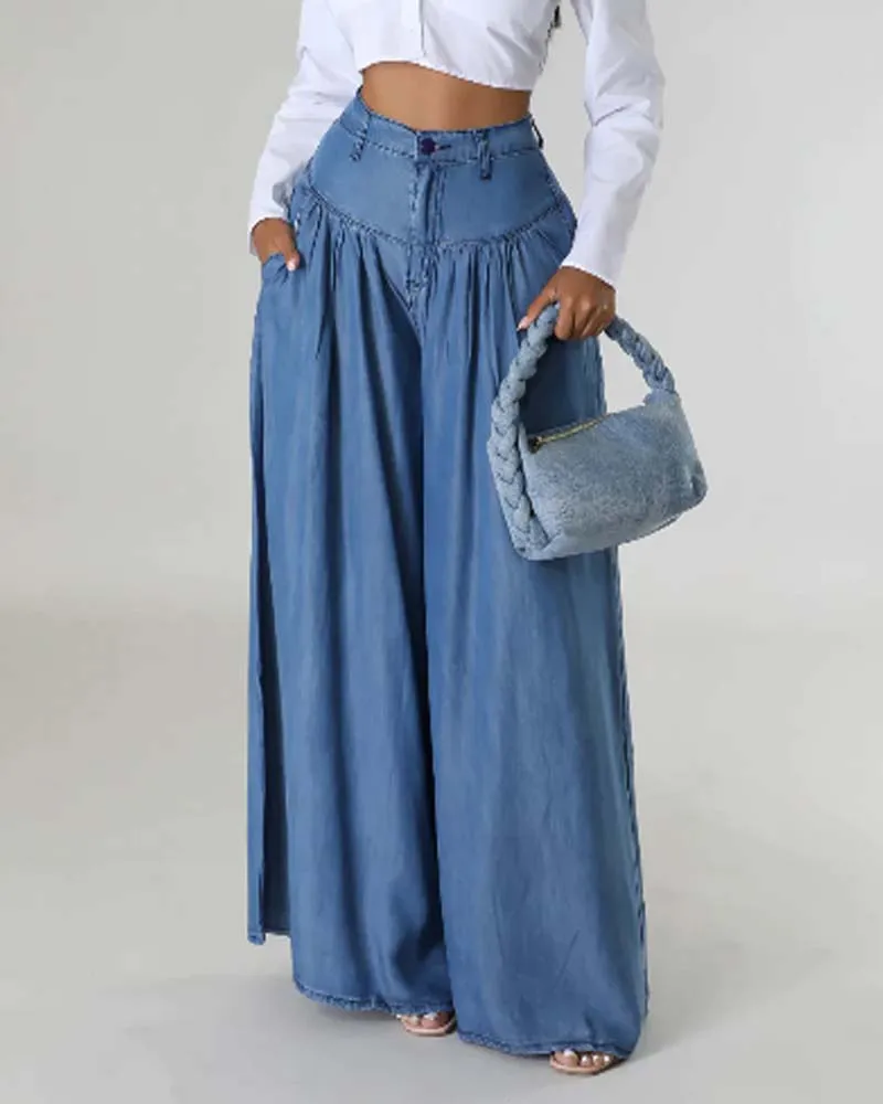 

burst Europe and the United States big-name solid color denim pants personality pocket denim pants skirt wide-leg pants women