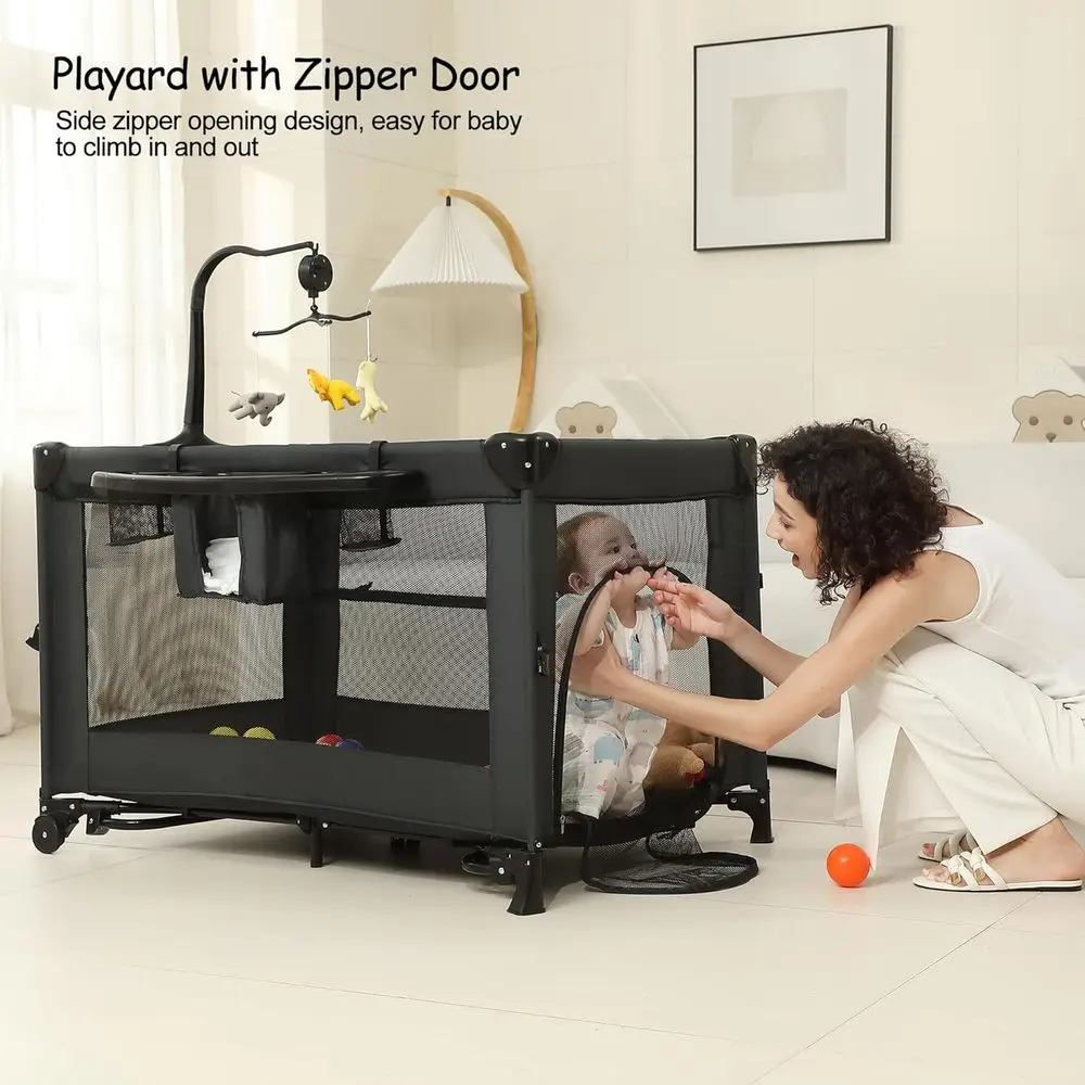 All-in-One Portable Playard, Bedside Bassinet Sleeper, Changing Table Playpen for Newborns to Toddlers (Black)