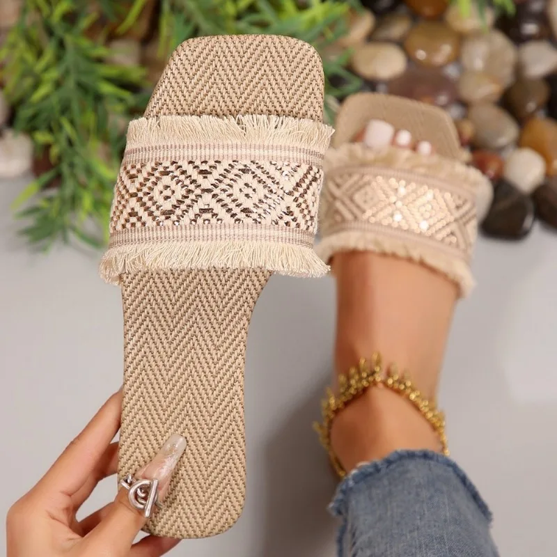 Women Summer Straw Woven Casual Slippers Outdoor Espadrille Flip-flops Fashion Flat Ladies Sandals and Slippers Large Size 43