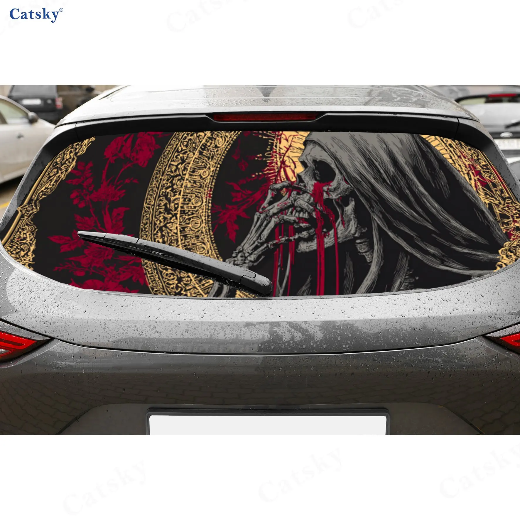 

Gothic Reaper Aesthetic Exploration PVC Perforated Car Vinyl Wraps, Durable Car Rear Windshield Sticker, Waterproof Car Rear Win