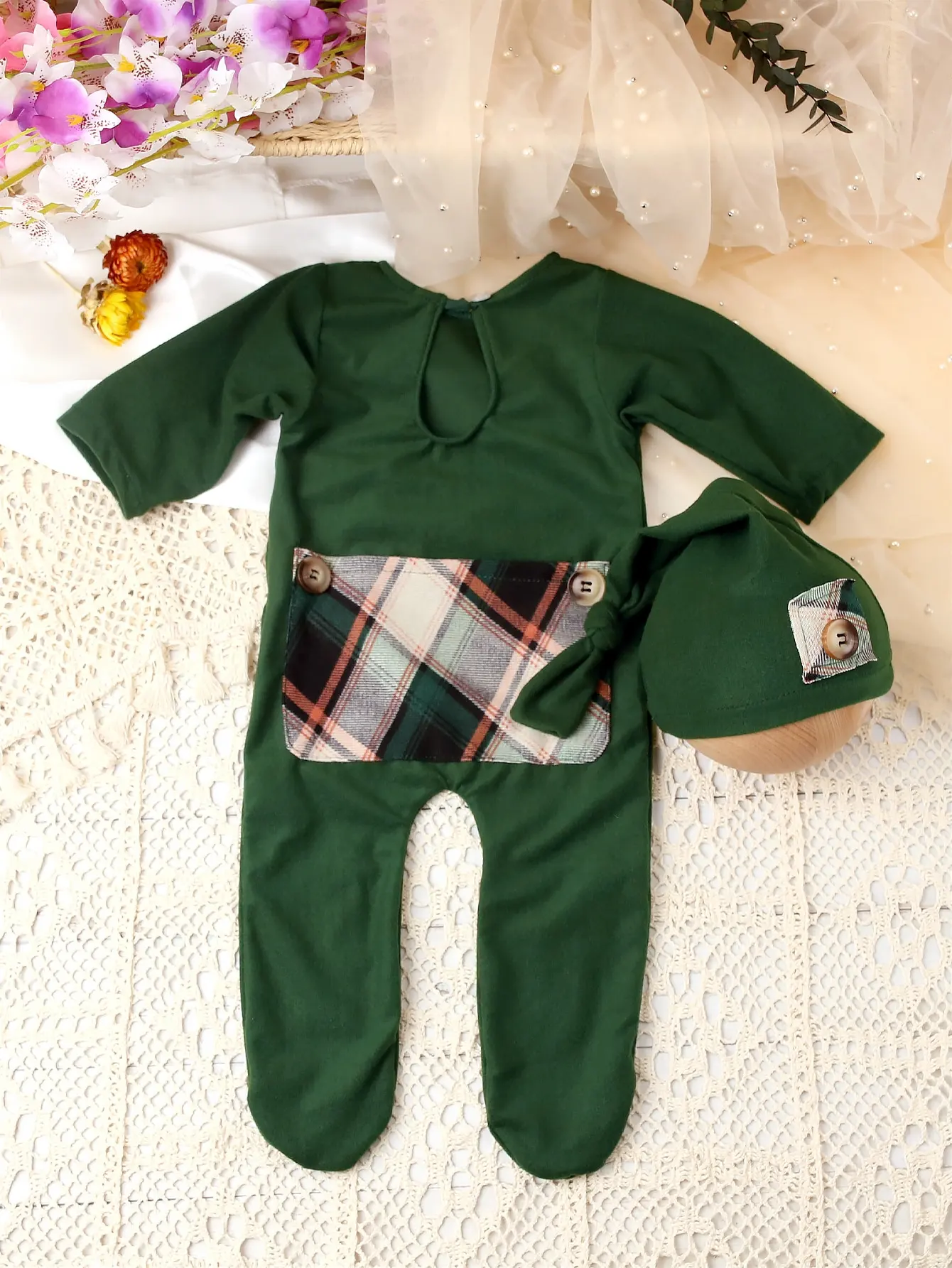 2 Pieces Set Newborn Christmas Clothes Plaid Patch Pocket Infant Photography Outfit Baby Boy Shooting  Jumpsuit