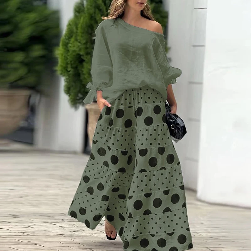 Women Fashion Polka Dot Print Office Set Fall Long Sleeve 2pcs Loose Suit Spring One Shoulder Blouse Top&Wide Leg Pants Outfits