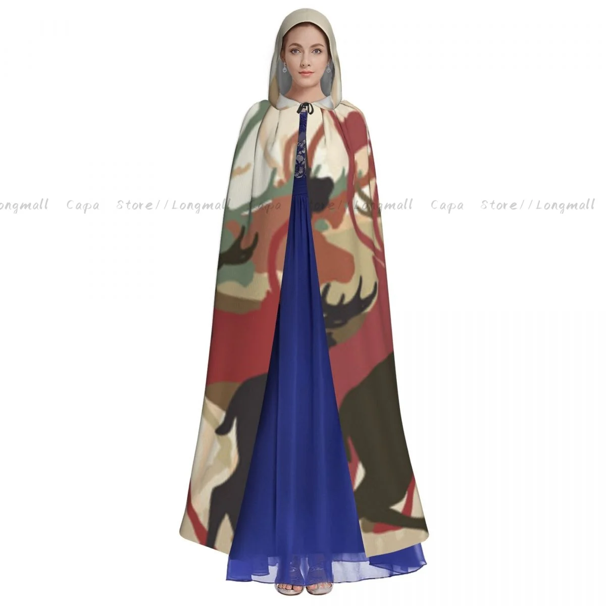 Adult Halloween Reindeer Caribou Herd Migrating Colorful Silhouettes Cloak Cape Hooded Medieval Costume Full Length Dress Coat