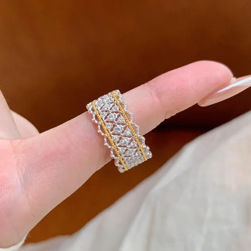 Light luxury high-end retro color separation full diamond lace rings for women palace style exquisite fashion ring jewelry gift