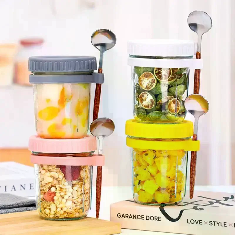 1/2PCS 350ml Reusable Overnight Oats Jar Glass With Spoon Overnight Oats Container Oatmeal Container Food Storage Organizer Jar