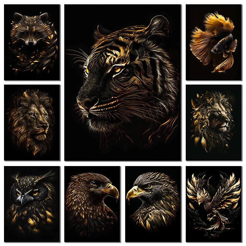 Black and Gold Animals Canvas Painting And Prints Lion Tiger Posters Wall Art Picture For Living Room Home Decor Frameless Gi