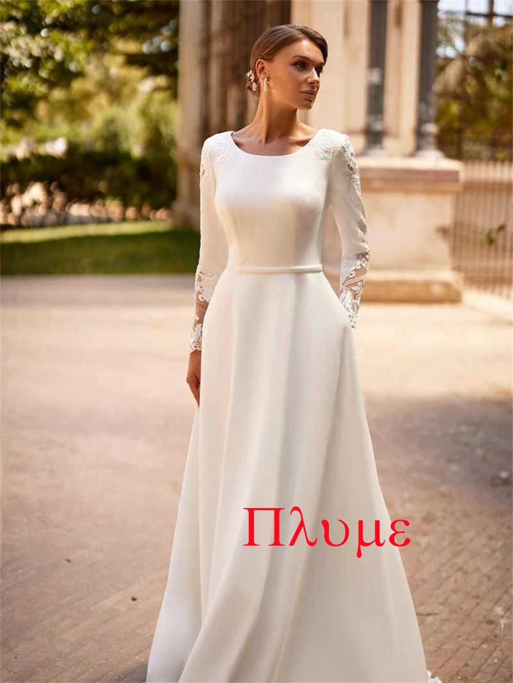 Customized  White Jersey Applique A-line  O-Neck Long Dresses Exquisite Luxury Temperament  Charming Romantic Wedding Dress