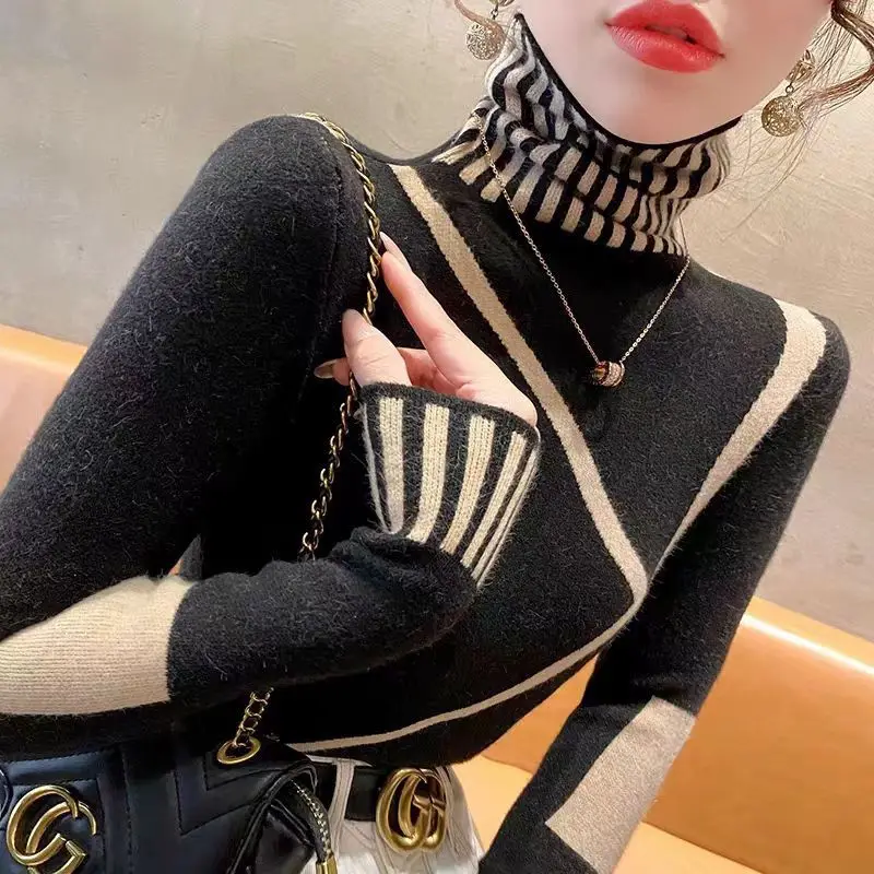 

New Slim Bottoming Shirt Autumn Winter Long Sleeve All-match Striped Fashion T Shirt Tops Vintage Casual Trend Women Clothing