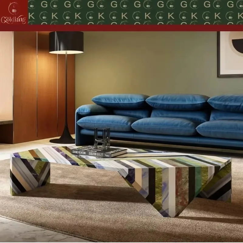 Marble Coffee Table Colorful Striped Patchwork for Living Room Custom Polished Natural Stone Modern Geometric Design