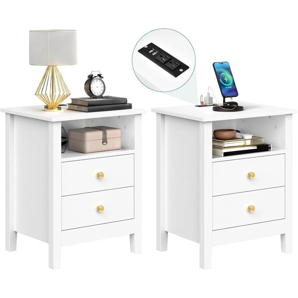

Nightstand with Charging Station, Night Stands with 2 Drawers for Bedroom, Modern Bedside Table End Side Table with USB