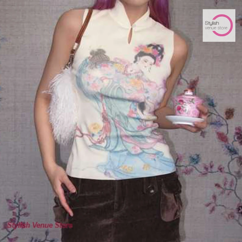 New Chinese Fairy Printed Cheongsam Neck Vest Women's Summer Fashion Self-cultivation Temperament Design Joker Casual Top