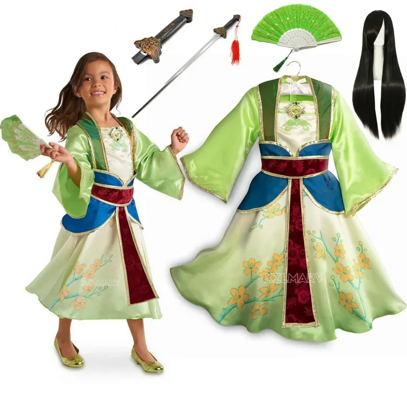 Summer Infant Girls Mulan Dress Halloween Carnival Mulan Cosplay Costume Mulan Wig for Children Birthday Party Toddler Dress U /