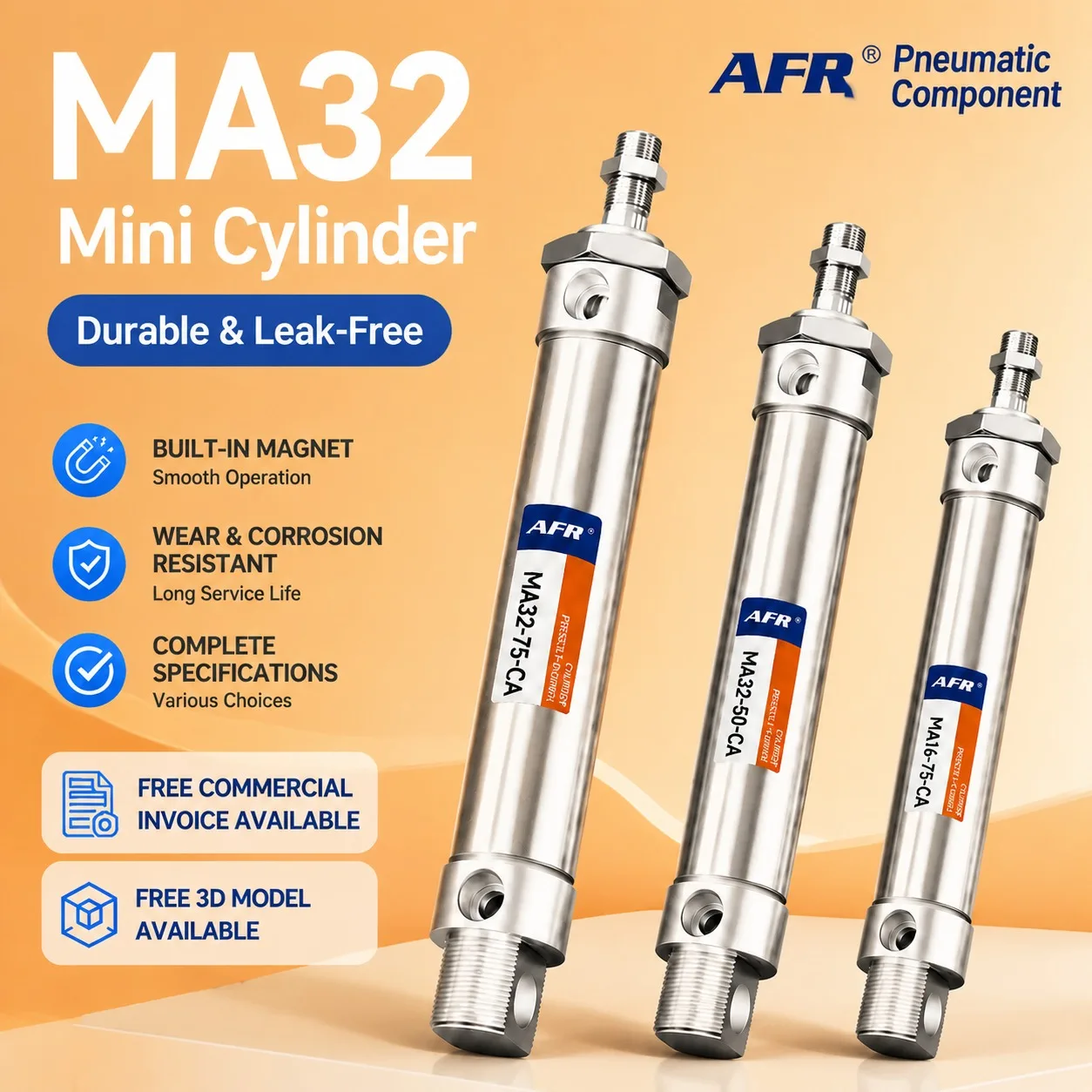 Pneumatic Cylinder MA32X25 50 75SCA 32mm Bore, Mini Round Cylinder Double Acting, Stainless Steel Air Ram for Machinery
