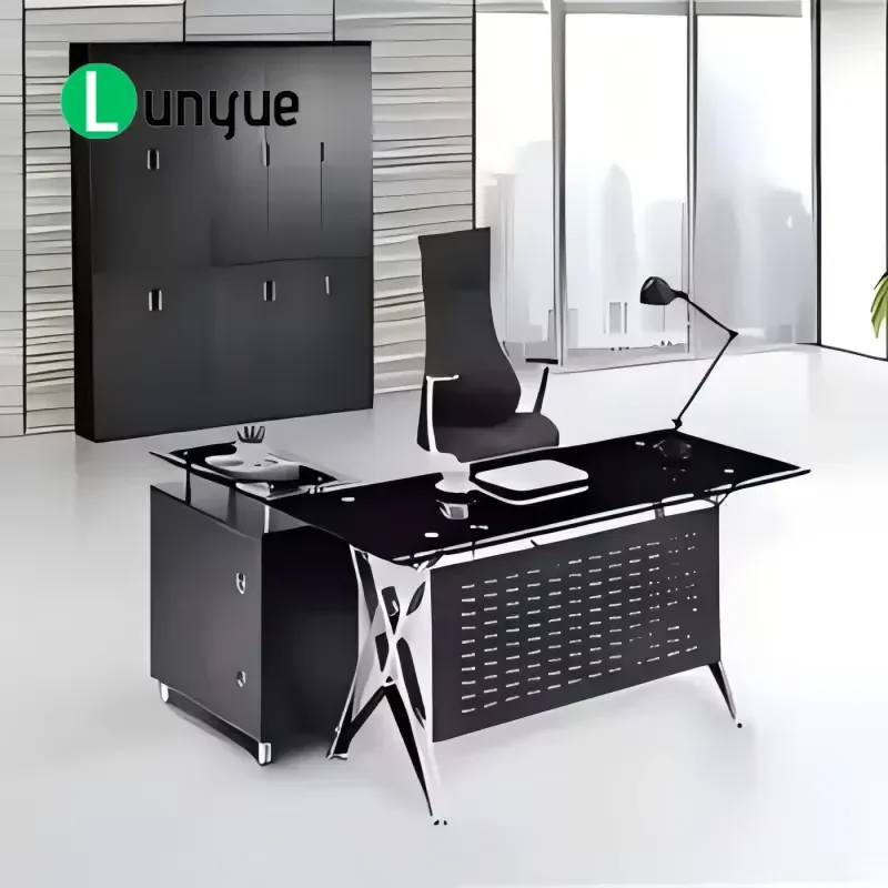 Modern Black Glass Computer Desk Extendable Metal Frame Office Table Fashionable Home Workstation Furniture for Small Spaces