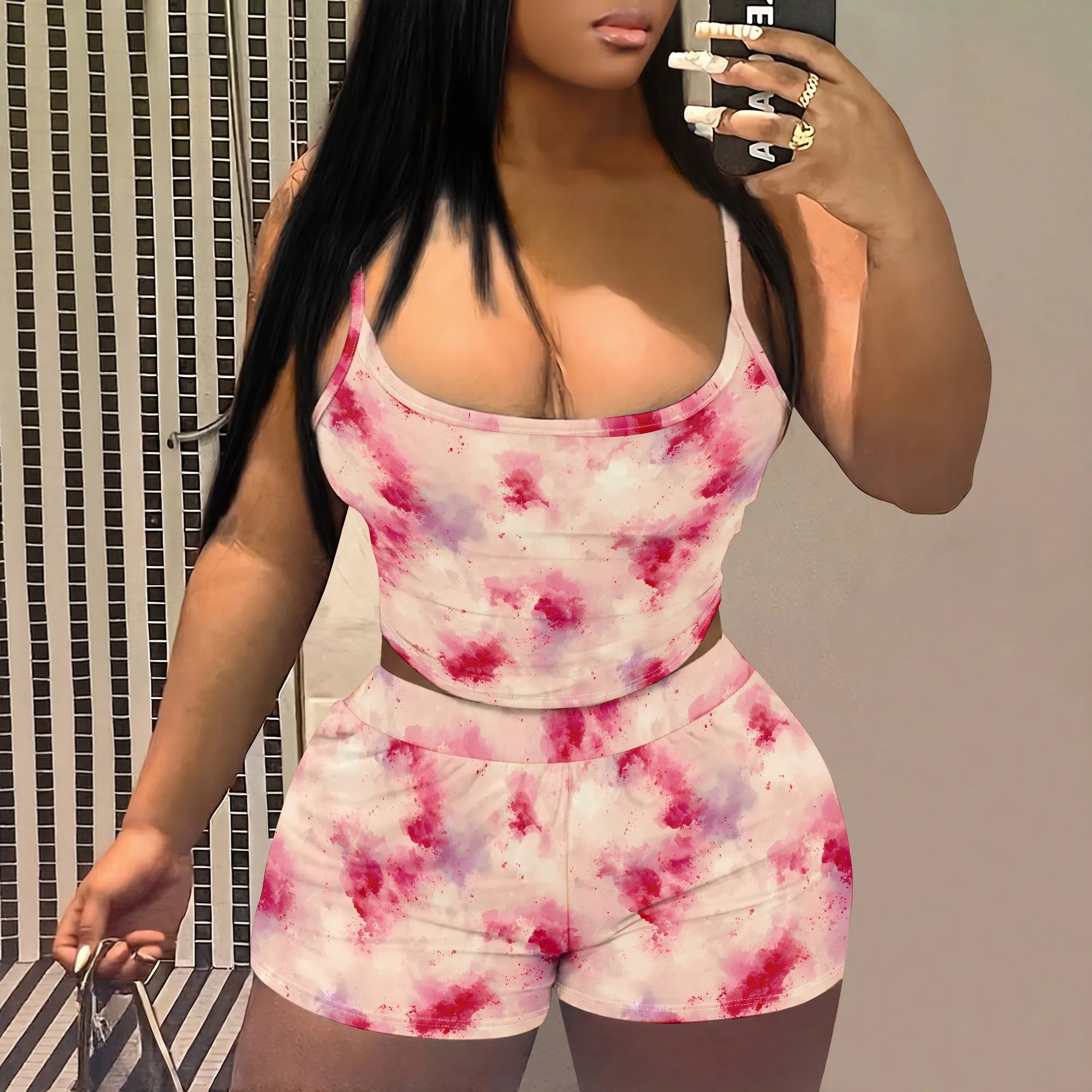 Tie Dye Print Cami Top And Shorts Set, Pink Purple Gradient Pattern Loungewear, Summer Casual Sleepwear For Women, S-2XL