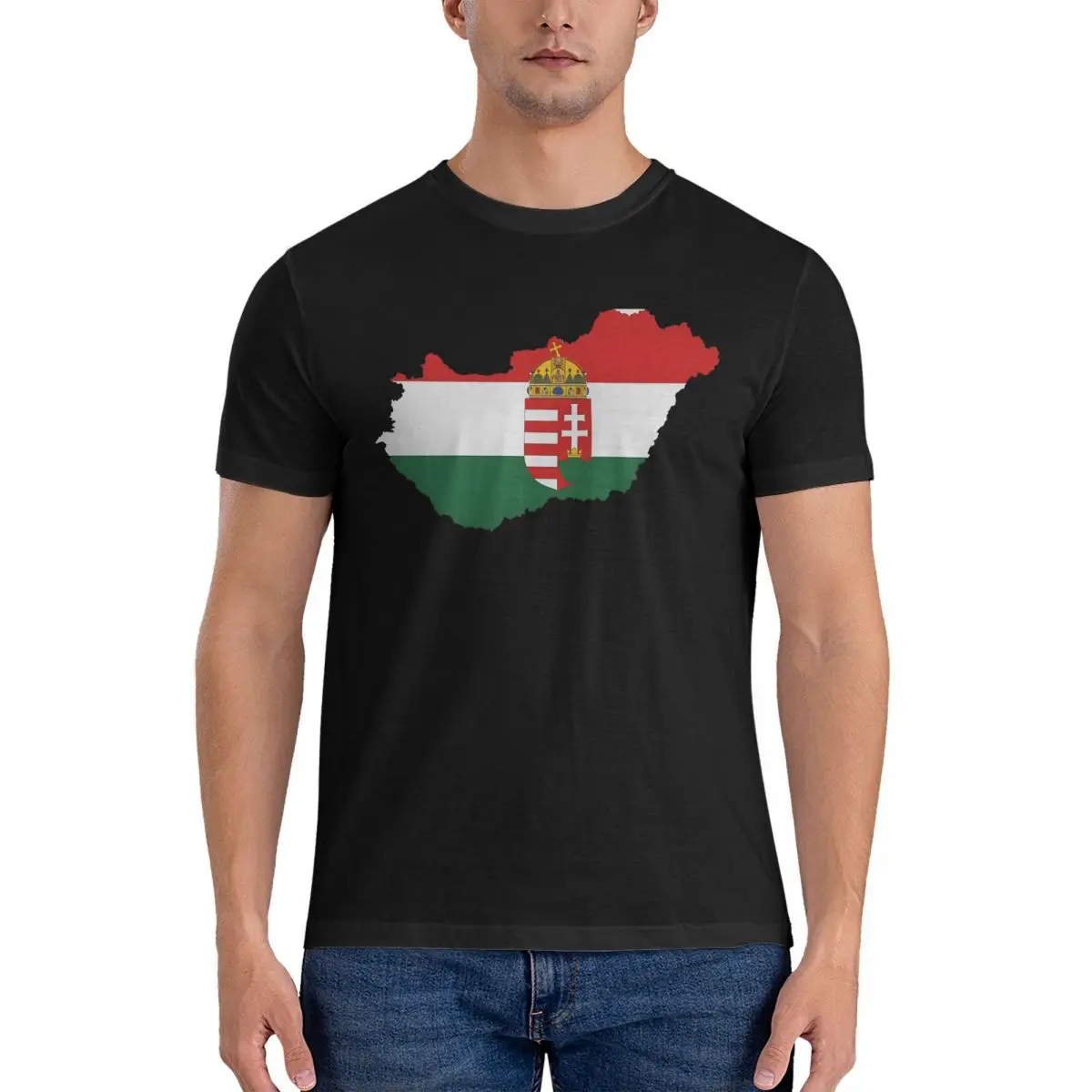 Vintage Hungary Map With Coat Of Arms Sticker T-Shirt for Men Round Collar Pure Cotton T Shirts Europe Short  Tee ShirtClothes