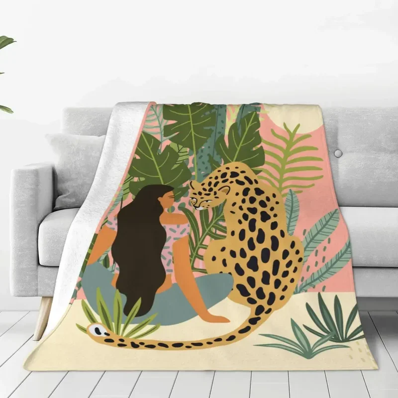 Jungle Forest Animal Aesthetic Art Blankets Oil Painting Tropical Plants Flannel Throw Blankets for Bedding Lounge All Season