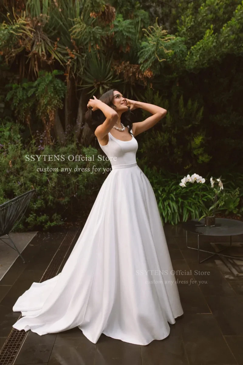 SSYTENS Elegant Ivory A Line Wedding Dress Square Collar Floor Length Bridal Gown Sleeveless Pleats Satin Sweep Train Customized