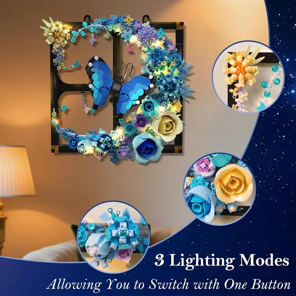 Kit di mattoncini da parete con fiori botanici illuminati da 1141 pezzi con farfalla, adatto per età 12+, regalo ideale per tutti