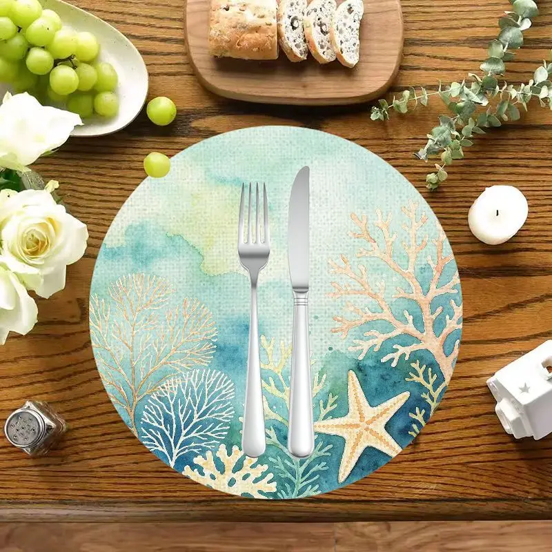 VIKAMA Coral & Starfish Linen Round Placemats Set of 6, Non-Slip Washable Heat Resistant Kitchen Table Mats