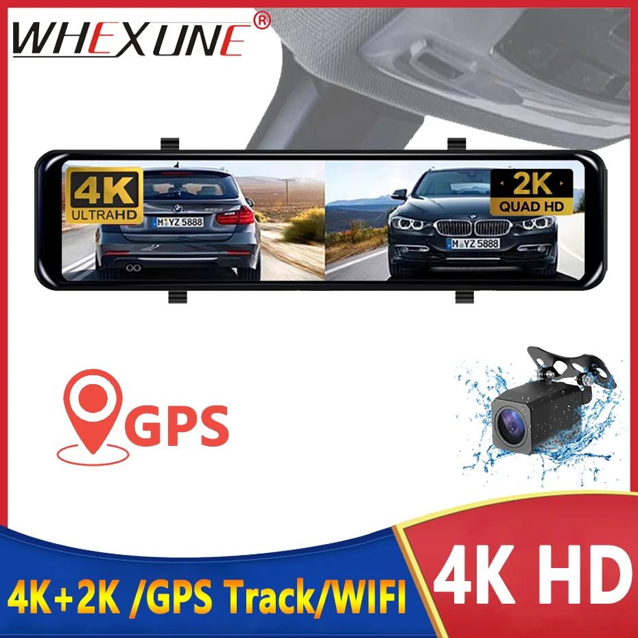 4K Dual Lens Front 2160P Car DVR Rear 2K 1440P Camera Rearview Mirror WIFI Video Recorder GPS Tracker Auto Registrar Dash Cam