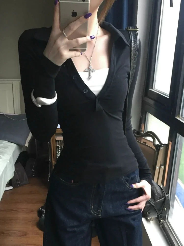 Genayooa American Retro Fake Two Pieces Tops Long Sleeve Skinny Y2k Japanese T-shirt Women Autumn 2000s Grunge Tops Tee E-girls