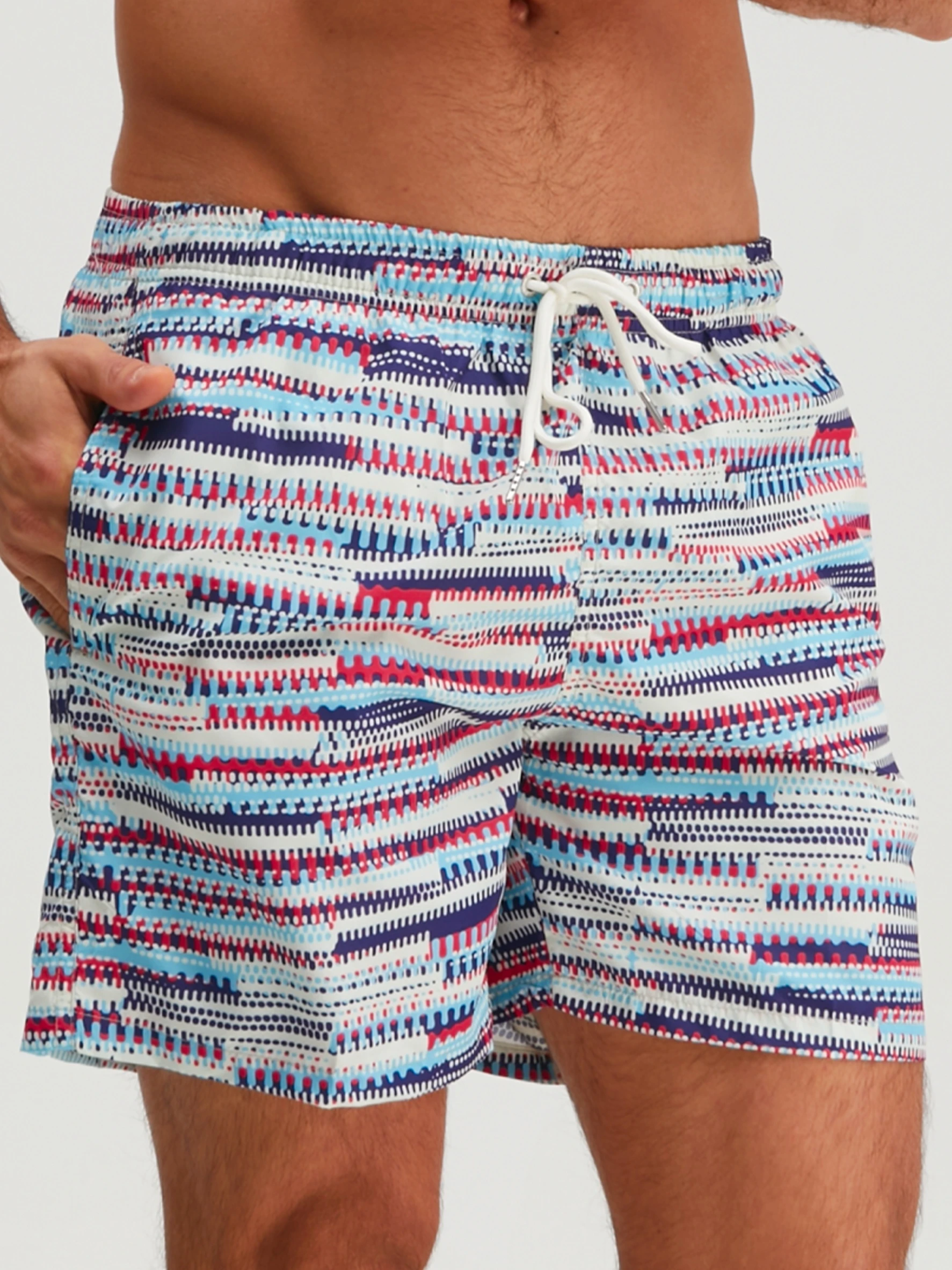European and American Style Men's Quick Drying Beach Shorts with Colorful Line Prints for Beach Surfing and Vacation Swimsuits